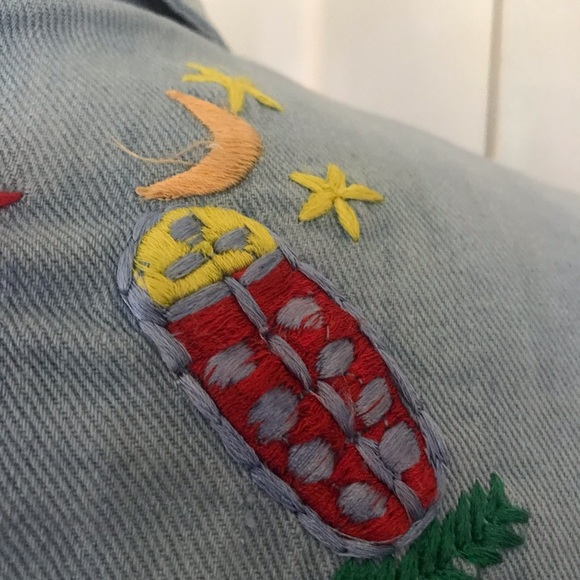 Your favorite 70s cotton denim hand-embroidered mushrooms lady bug Boho  shirt ! - Picture 11 of 16